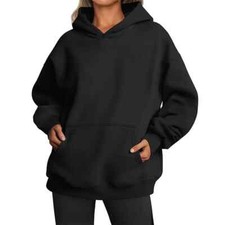 Women Hoodies Pullover Hooded Sweat Shirts Solid Color Jogger Long Sleeve Black