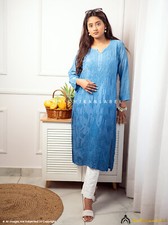 Blue Chanderi Chikankari Straight Kurti Lucknow Chikankari Handmade Kurti