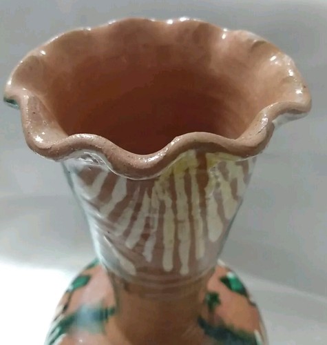 Vintage Mexican Pottery Vase Folk Art Hand Painted 8.5"x4" Scalloped Edge VGC - Picture 10 of 13