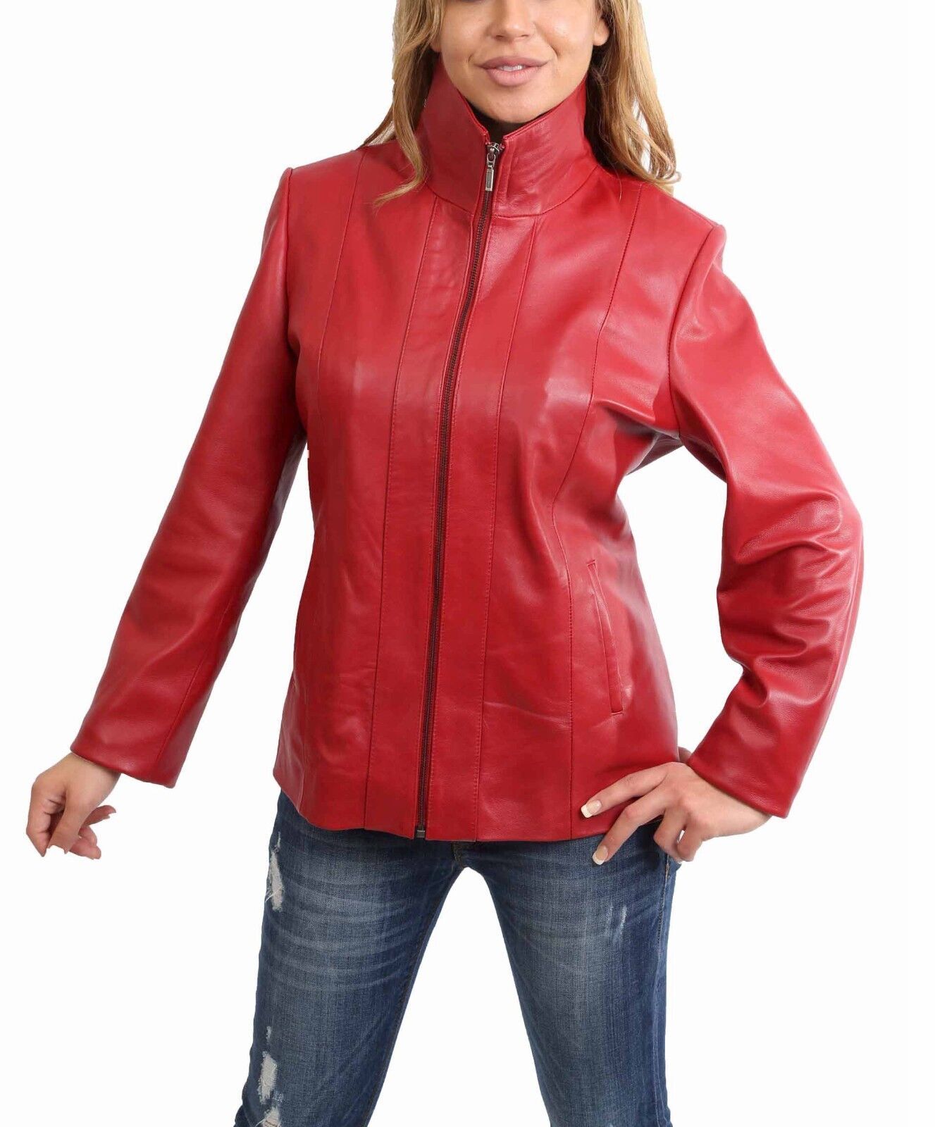 Women's Red Leather Jacket Slim Fit Classic Daily Use Causal Zip Up