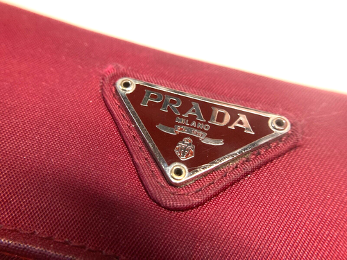 PRADA VINTAGE TRIANGLE EMBLEM POCONO NYLON LEATHER WALLET TRIFOLD ITALY RED - Picture 4 of 24
