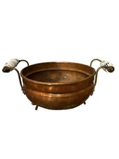 Vintage Copper Footed Cauldron Pot Bucket Planter Hand Painted Ceramic Handles