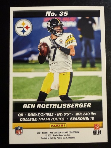 2021 Panini Sticker & Card Collection #35 Ben Roethlisberger Cards - Picture 2 of 2