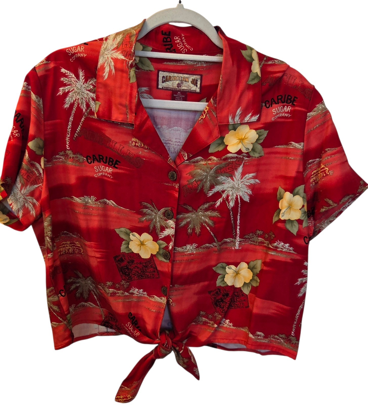 VTG Caribbean Joe RED HAWAIIAN FLORAL Tie Front Button-Up CROPPED TOP Shirt XL