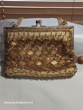 Vintage Gold Beaded Evening Bag Hong Kong Made Mid Century Clutch with Chain