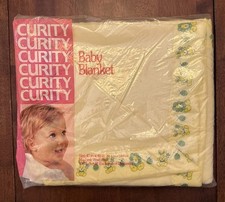 Vintage CURITY Yellow Thermal Baby Infant Blanket Satin Trim Lion Bunny Ladybug