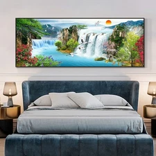 Waterfall Sunset Landscape Canvas Painting Lake Bird Poster Print Art Wall Decor