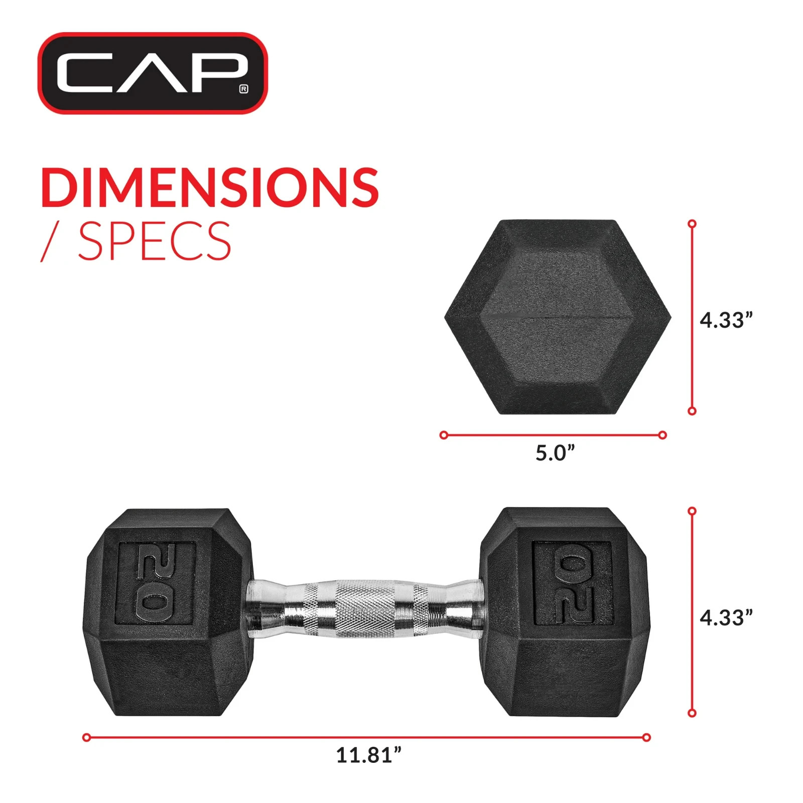 CAP Barbell, 25lb Coated Rubber Hex Dumbbell, Pair