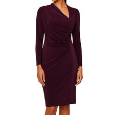 David Meister Ruched Asymmetrical Purple Faux Wrap Long Sleeve Sheath Dress sz 4