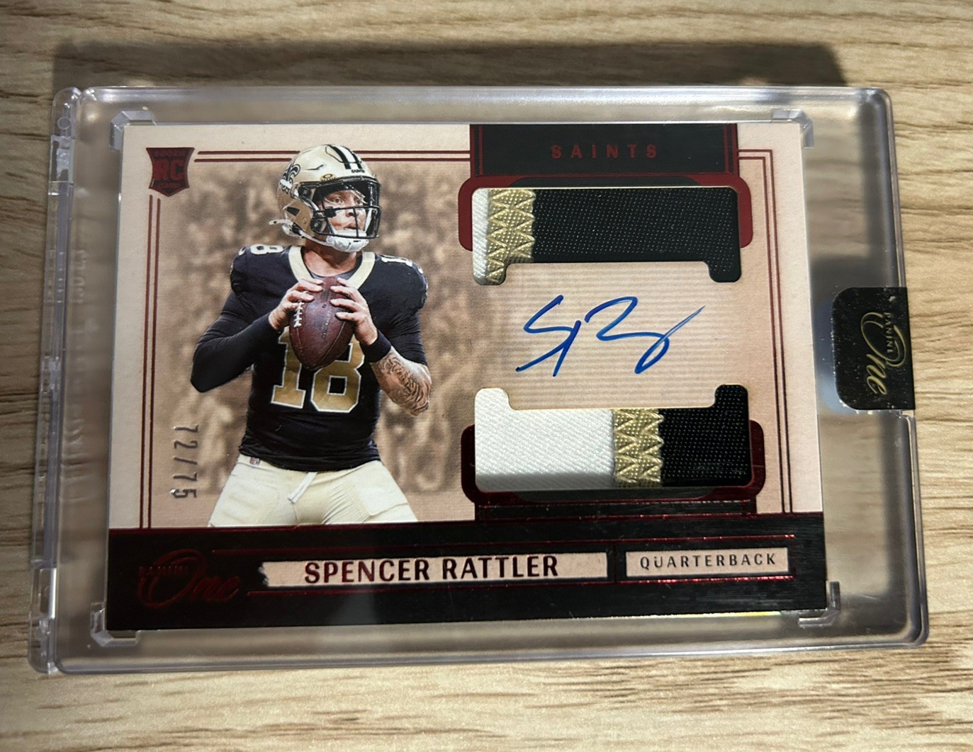 2024 Panini One Spencer Rattler Rookie Dual Patch Auto Red RC RPA /75 #49