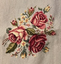 Old Vintage Completed Needlepoint Floral Flowers Roses Seat or Pillow Cover Top