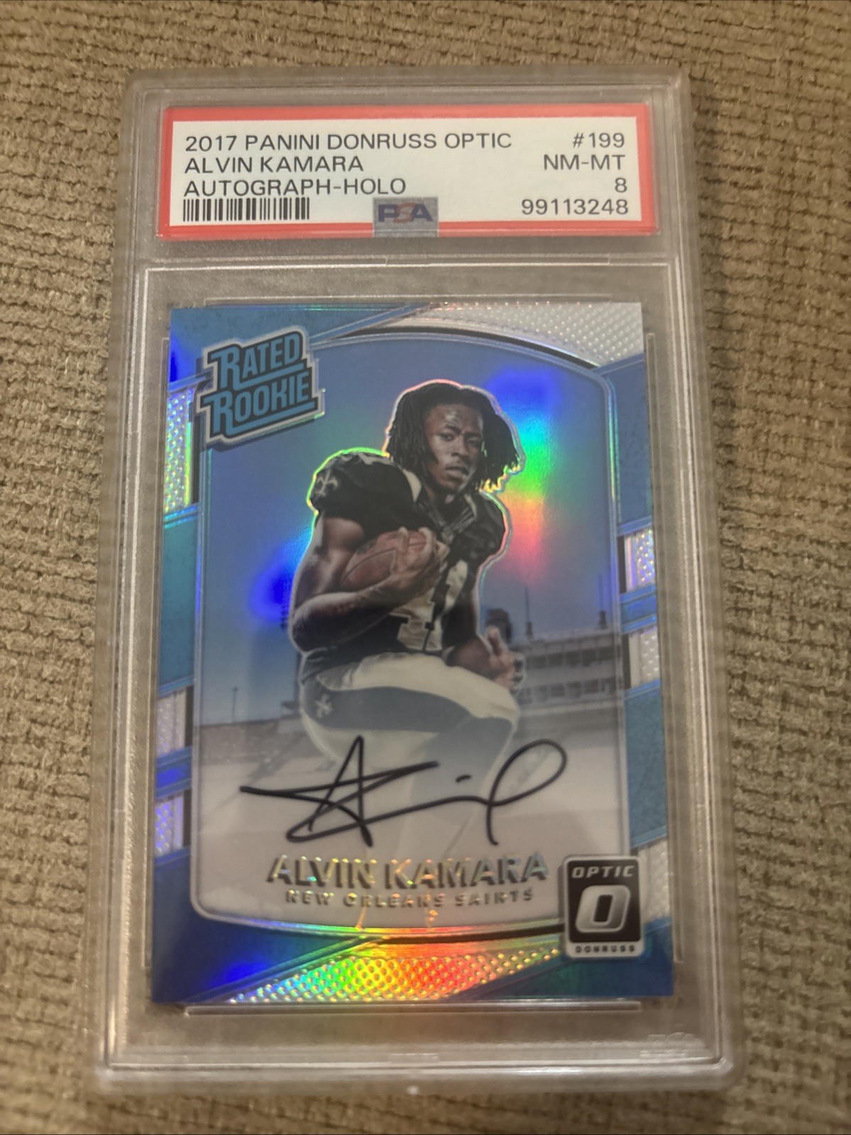 2017 Panini Donruss Optic Alvin Kamara Rated Rookie Holo Auto /99 PSA 8