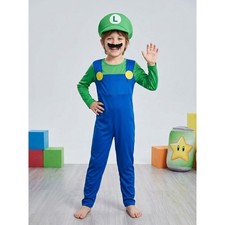 Luigi Costume Kids Boys Jumpsuit Hat Moustache Green Blue Super Mario Cosplay L
