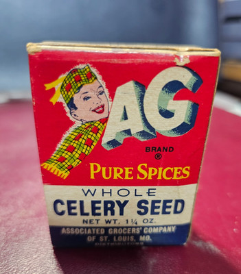 Vintage AG Associated Grocers Celery Seed  Spice TIN GREAT ARTWORK AG GIRL