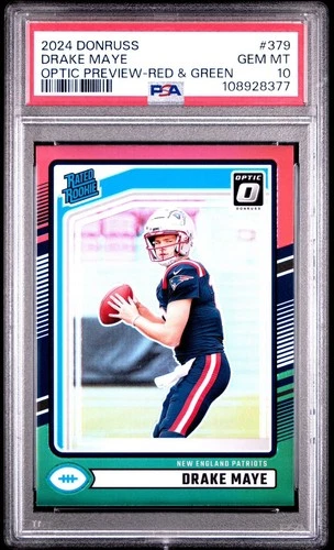 2024 Donruss - Rated Rookie Drake Maye #379 Optic Preview Red & Green  PSA 10
