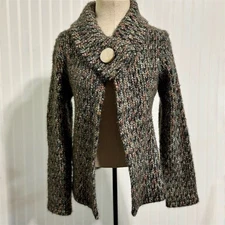 Tweeds Cardigan Medium Brown Marled Chunky Knit Shawl Collar Wool Blend VTG 90s