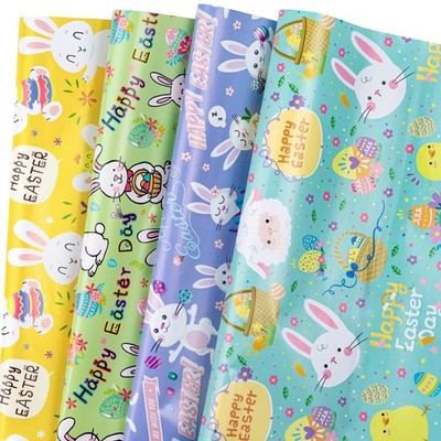 Happy Easter Wrapping Paper Sheet, Easter Bunny, Egg, Blooming Spring Flowers...