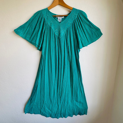 Vintage Peasant Dress Gauze Green Boho Eyelet Grecian Embroidered Loose Hippie S