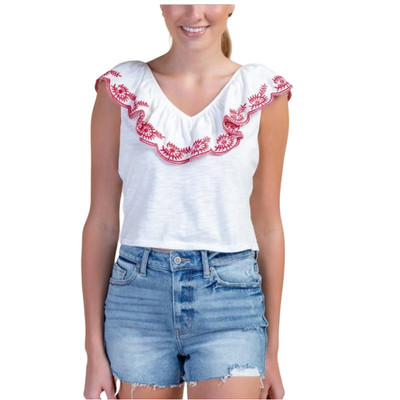 NWT Francesca's Mi ami White W/Red Embroidered Detailed Eyelet Top - SIZE M