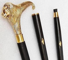 Antique Wooden Walking Stick Solid Brass Lion Head Handle Cane Designer Handmade