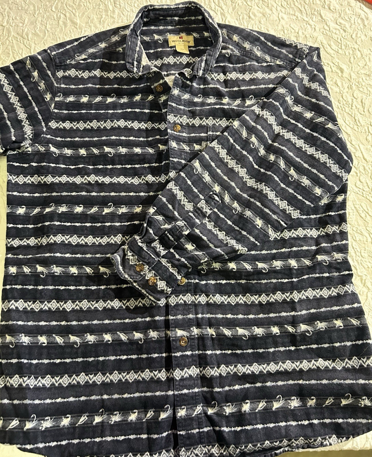 Woolrich Flannel Button Up Men’s Long-Sleeve Shirt Sz L Fly Fishing Fish Blue