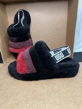 UGG Fluff Yeah Slides Sandals Sheepskin Fur Black Red Womens Size 8 US