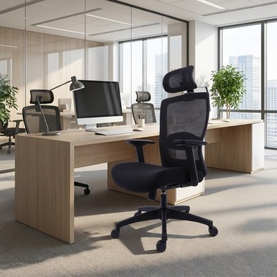Schwarz Extra Polster Büro Computer Stuhl Verstellbare Kopfstütze Lordosenstütze