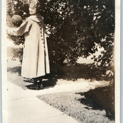 c1920s Fashionable Woman Snapshot Photo Back Button Coat Cute Posing Sidewalk