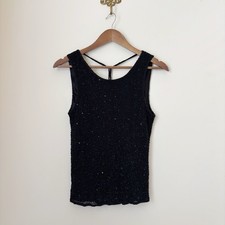 Scala Vintage Black Beaded Silk Tank Top Larg...