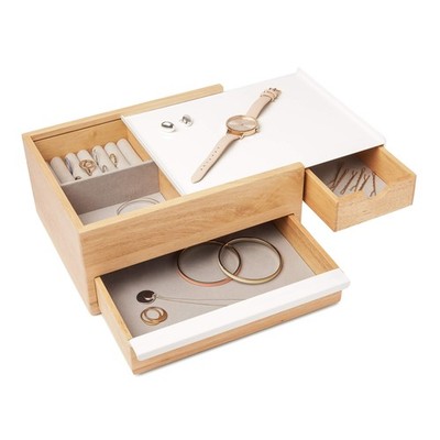 Umbra Stowit Jewelry Box, Modern Organizer with Hidden Drawers, White/Natural