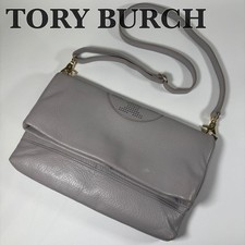 Tory Burch Gray Leather 2Way Shoulder Clutch Bag Punching Logo Authentic