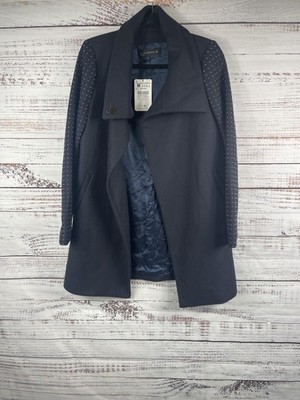 $200 Zara Woman Coat Womens M Navy Wool Blend Studded Sleeve Asymmetrical Collar