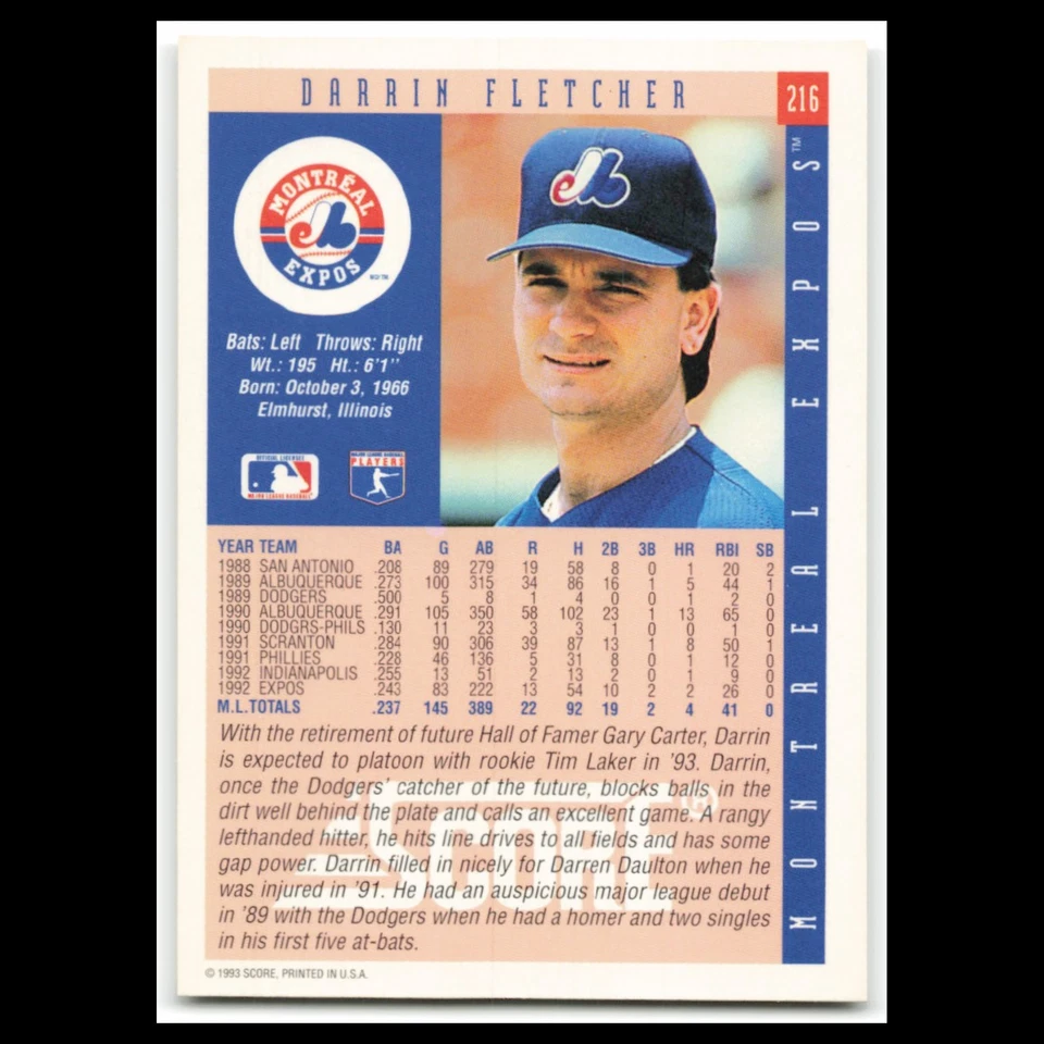 Darrin Fletcher #216 1993 Score Montreal Expos Baseball Card MLB NM - Image 2 of 3