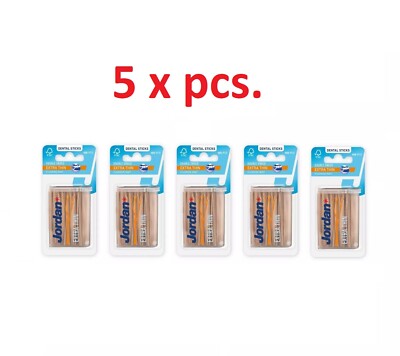 5 x JORDAN Wooden Dental Sticks Extra Thin 105 Pcs Double Ended & Fluoride Mint
