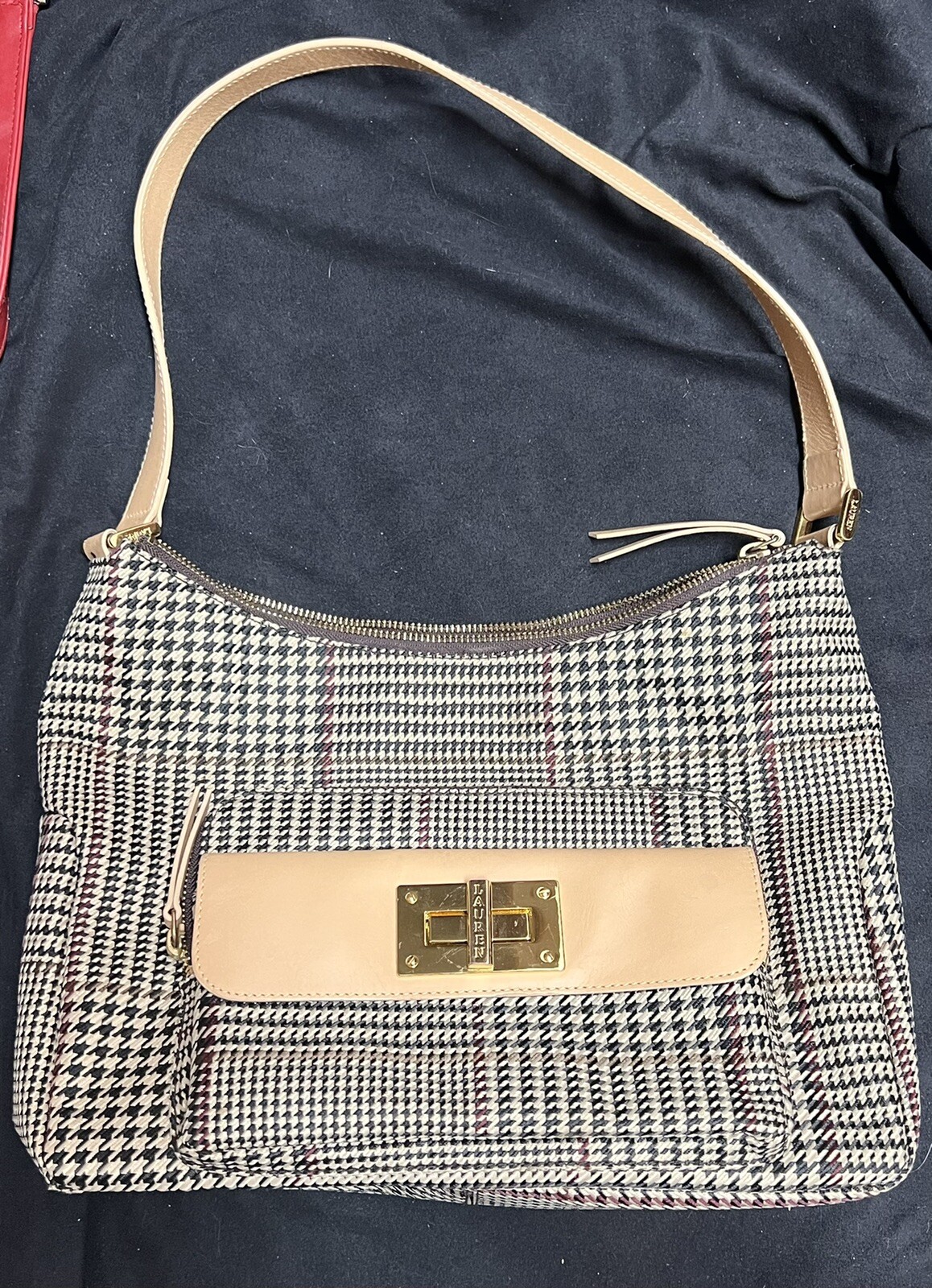 Ralph Lauren Houndstooth Fabric Leather Tote Crossbod… Gem