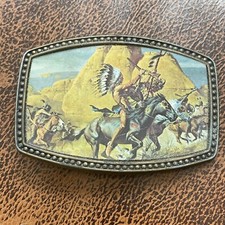 Vintage Western Native AmericanThemed Metal Belt Buckle Warrior Horse Scene