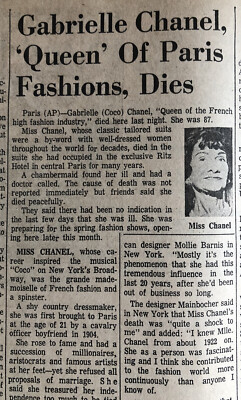 Coco Chanel Dies January 11 1971 Indy Star Newspaper Chanel