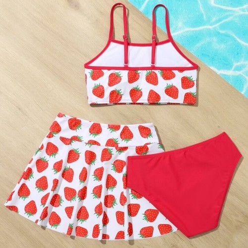 tween girl strawberry print swimsuit 3 piece matching bikini set w/skirt 9 years - Picture 2 of 11
