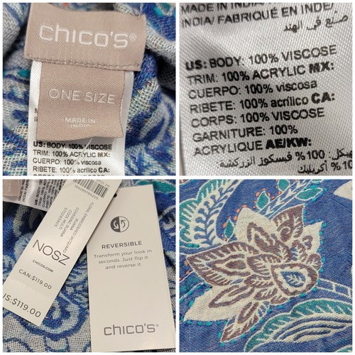Chicos Womens Blue Floral Embroidered Jacquard Ruana Wrap Fringe One Size NWT - Picture 11 of 12