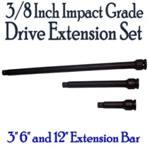 OEM 3/8" Impact Grade Drive Long Socket Extension 3 Piece Set 3" 6" 12" Bars