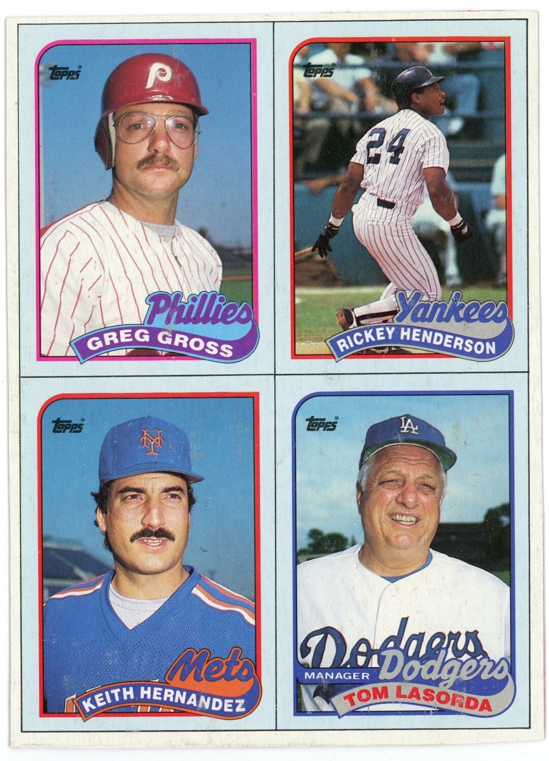 1989 Topps Wax Box Bottom Panel Cards E F G H Rickey Henderson