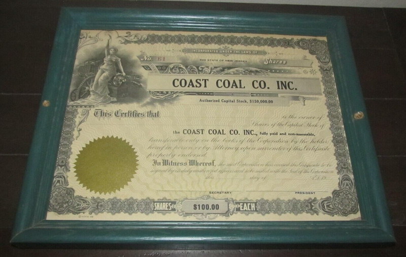 Coast Coal Co. - Stock Certificate - Mining Stocks State of New Jersey 8" x 10"