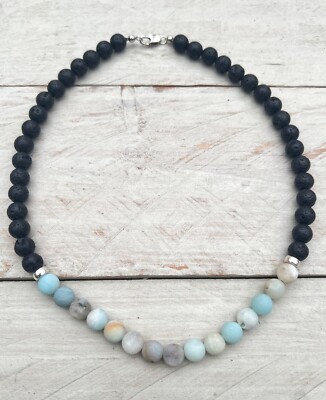 Halskette Collier Perlenkette Lava Amazonit Lavagestein Kette Lavaperlen Kette 