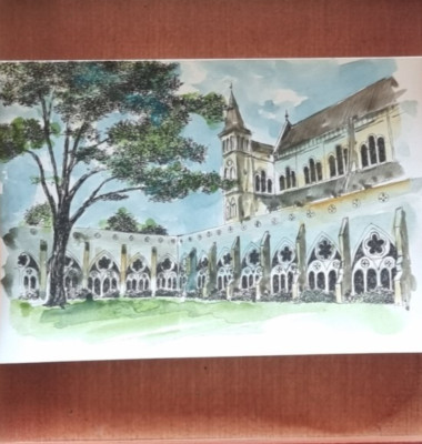 Original Aquarell Gemälde UK - Ruhiger Kreuzgang und gotische Kathedralszene