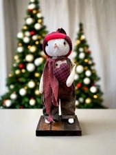 Primitive Handcrafted Christmas Snowman w/ Red Heart on Stand 13"