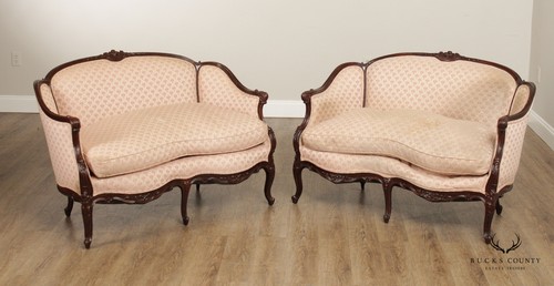French Louis XV Style Vintage Pair of Carved Frame Loveseats - Picture 2 of 12