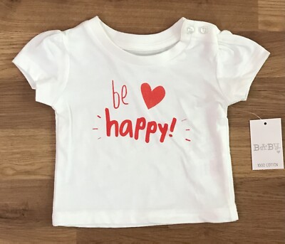 New Matalan Short Sleeve T-Shirt Girls 3-6 Months White  Be Happy  Glitter Heart