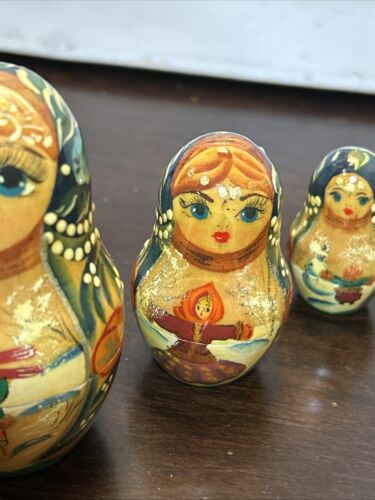 Artist Signed Winter Russian Hand Painted Matryoshka 5 Pce Nesting Doll - Picture 4 of 23
