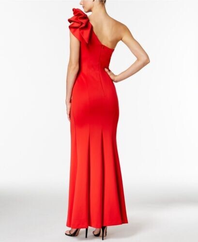 Betsy & Adam 2 XS Dress Red Ruffled One Shoulder Sleeveless Scuba Stretch Gown - Picture 2 of 9