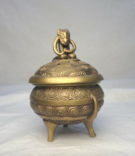 Antique/Vintage Chinese Brass Incense Burner with lid 3" wide Monkey?  - Bild 1 von 6